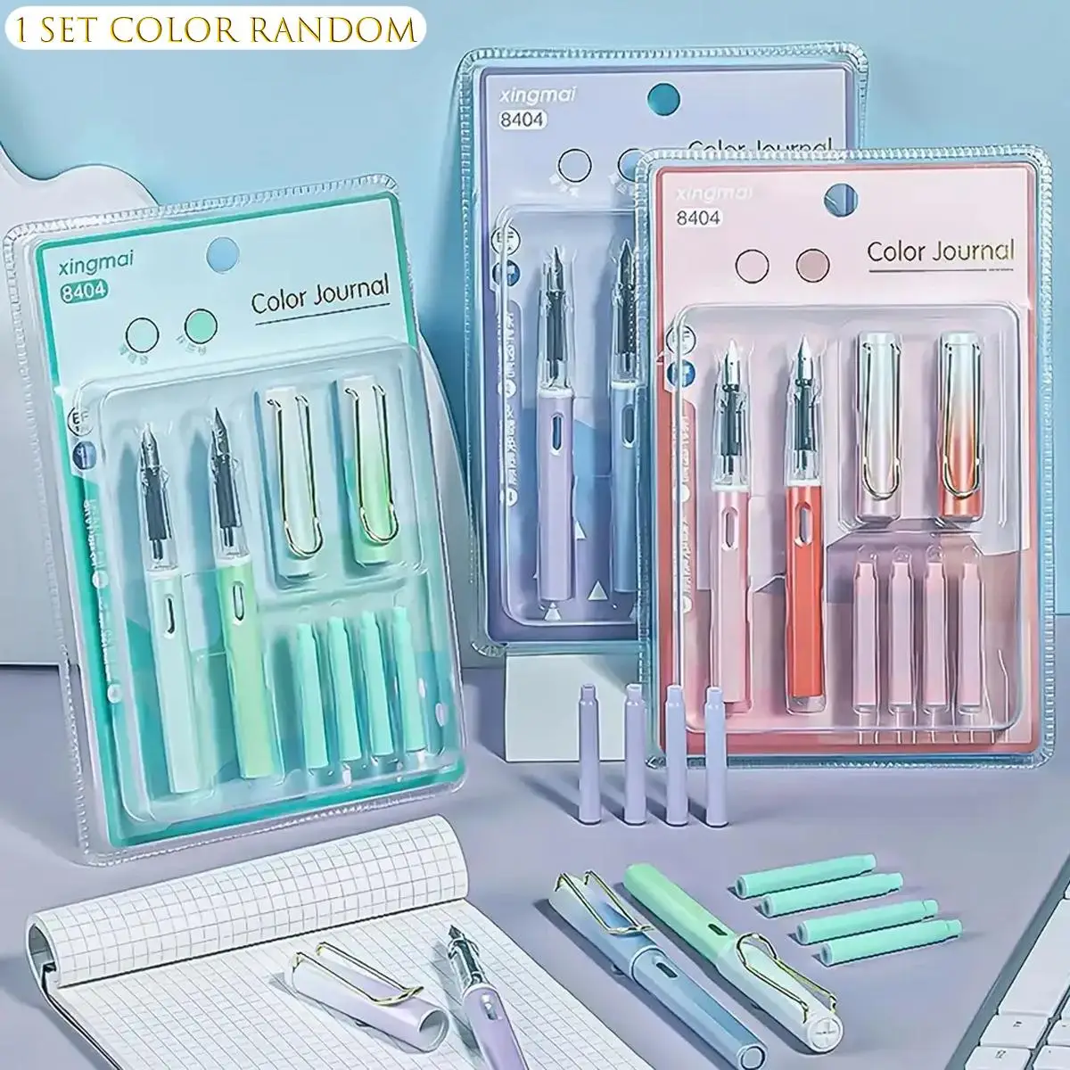 Random Color Pastel Colored Fountain Pen Set (6pcs/set), Including 2pcs Pens and 4pcs Pen Refill, Office Stationery & Supplies for Boys Girls