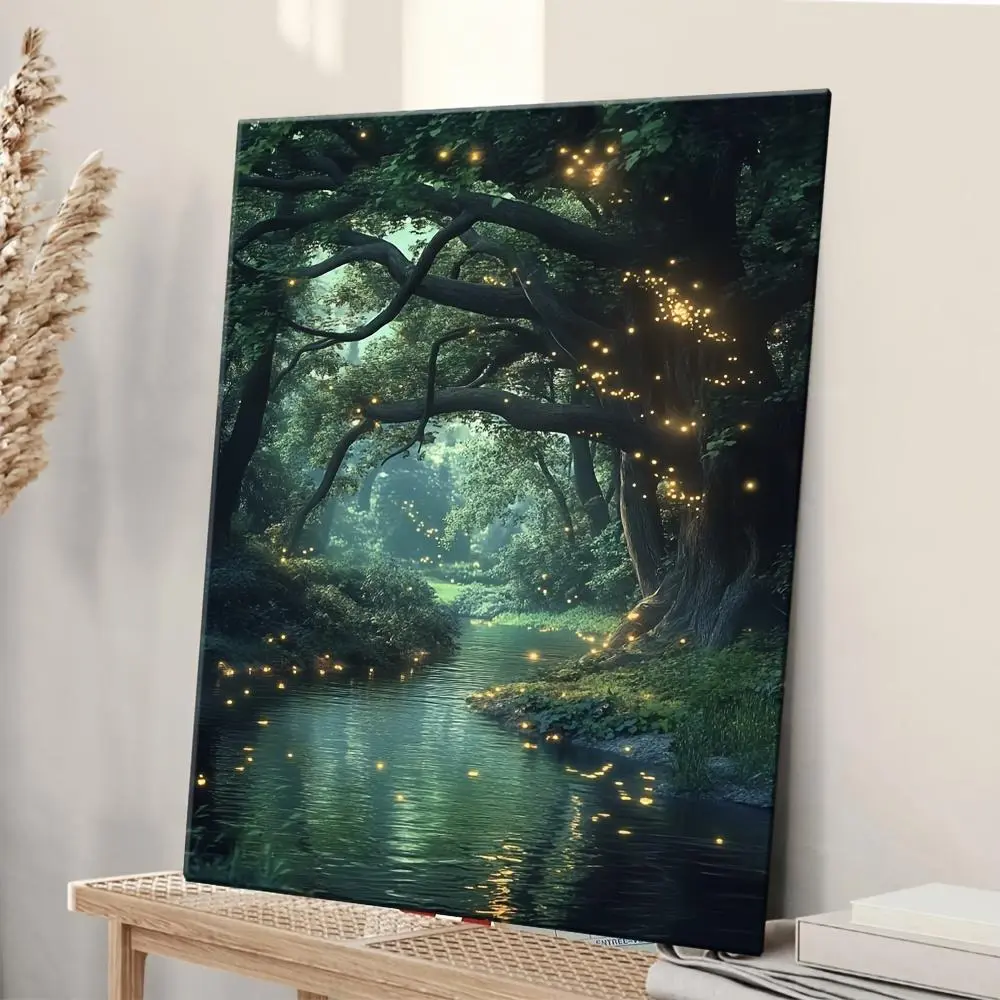 Canvas-Wrapped Forest Scene Landscape Poster, Mysterious Ancient Trees & Twinkling Fireflies Design, Modern Home Wall Decor for Bedrooms & Indoor Spaces