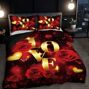 3-piece bedding set, Decorative bedding set (1 duvet cover + 2 pillowcases, no insert) Romantic red rose LOVE heart print duvet cover set, soft and comfortable bedding set, room decor, suitable for all seasons, perfect as a gift