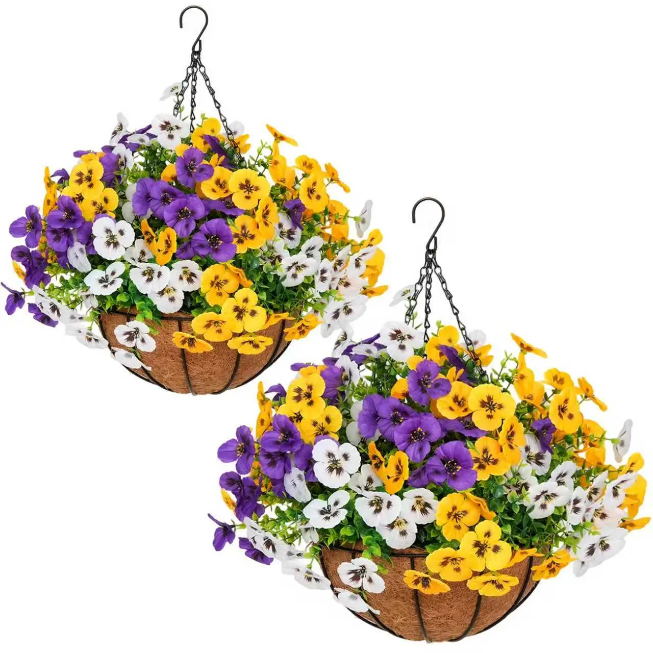 2Pcs Artificial Pansy Hanging Baskets, 24 Realistic Pansy & Eucalyptus Stems, UV Resistant Faux Flower Arrangement, All Seasons Indoor Outdoor Decor, Hanging Basket Ornament for Porch, Patio, Balcony and Yard& Greenery summerwins summerwins