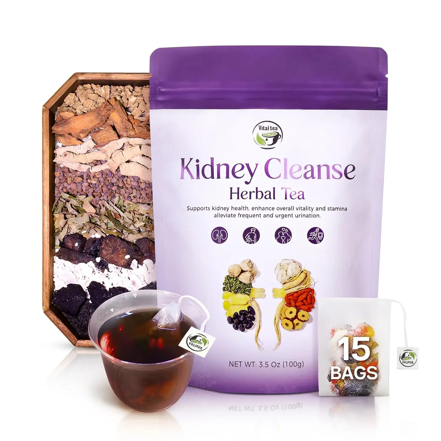 Vital Tea Herbal Tea Bags for Men & Women, Caffeine-Free Botanical Blend with Ginseng, Maca & Eucommia, Non-GMO, 15 Individually Wrapped Tea Bags