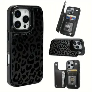 Trendy Black Leopard Print Wallet Card Holder Phone Case for iPhone 17/16/15/14/13/12 Pro/Plus/ProMax/Air PU Leather Shockproof Protection with Card Slots & Cash Compartment