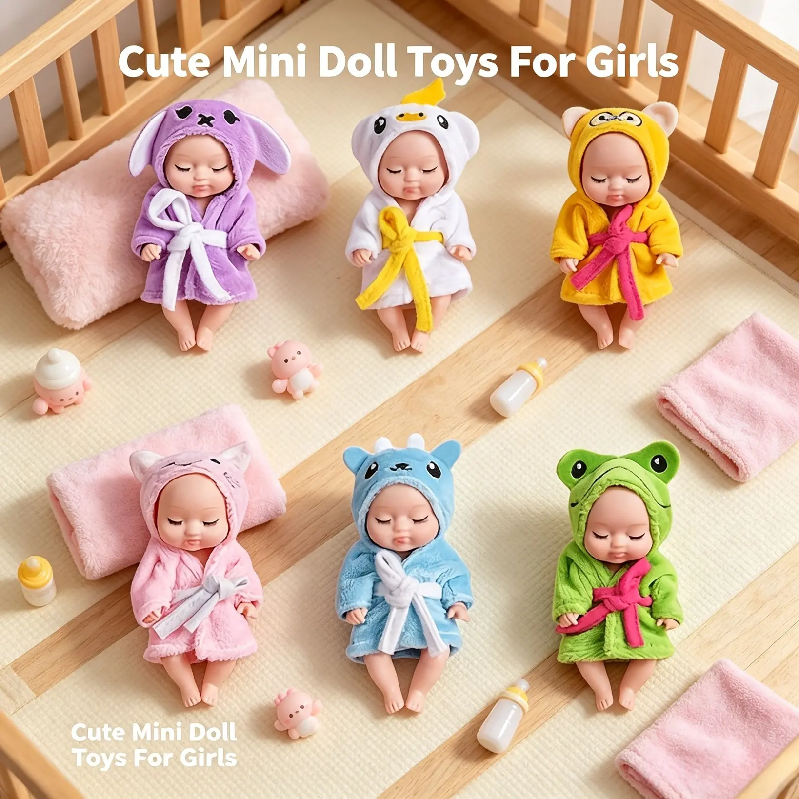 6-Piece Flannel Animal Hood Mini Sleeping Doll Gift Set, Lightweight Safe Vinyl Baby Doll Pretend Play Toy for Girls' Birthday Party Favors