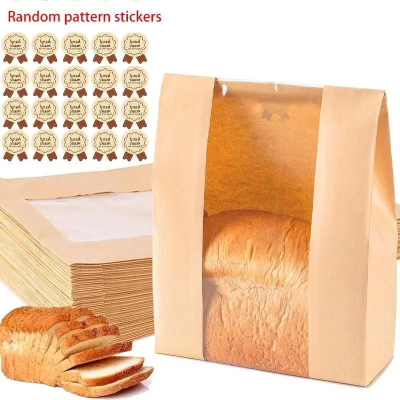 100pcs ,50 bags +50 stickers Baking Bread Bags for Homemade Bread, Sourdough Paper Bread Bags with Window, 50% Thicker 13.7x8.2x3.7in A Large Bakery Bags Used for Storage Bread Cookies & Snacks, Cute Sealing Stickers with Ties