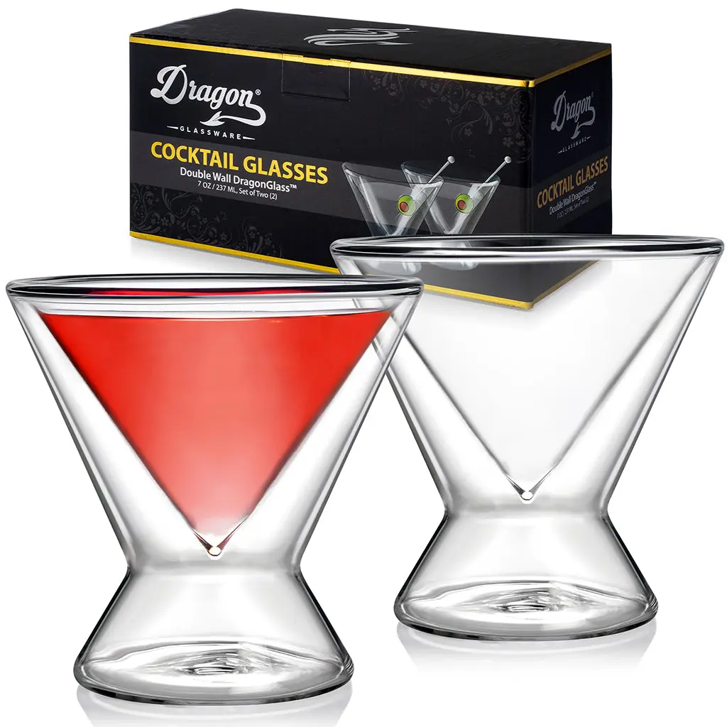 Stemless Martini Glasses - 7 oz Double Wall Drinkware Set Glassware
