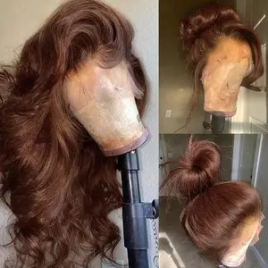 200% Density Chocolate Brown Human Hair Wigs 13x4 Body Wave Lace Front Wig Pre Plucked Chestnut Brown Colored Wigs Blended Hair For Women Light Brown HD Transparent Lace Front Wig