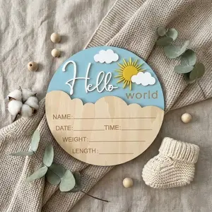 Wooden Baby Birth Memorial Plaque Hello World, Cute Cloud Sun Newborn Photo Prop, Perfect for Baby Party Gift, Home Decor