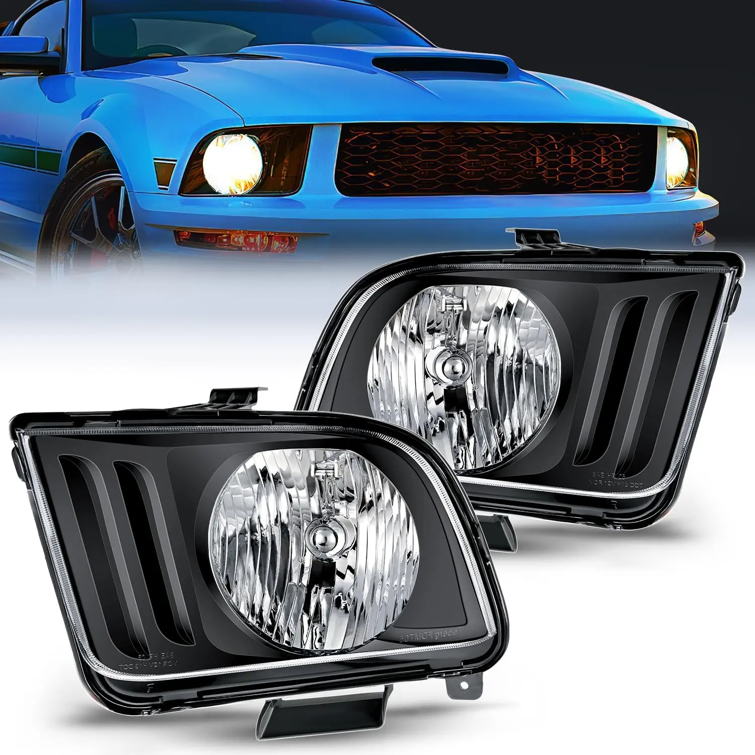 Nilight Headlight Assembly Compatible with 2005 2006 2007 2008 2009 Ford Mustang Headlamps Replacement Black Housing Clear Reflector Upgraded clear Lens Driver and Passenger Side, Halogen Lights