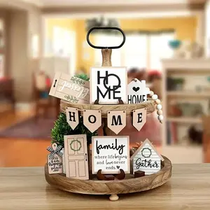 Wooden Tiered Tray Decor, 15pcs/set Farmhouse Style Wooden Sign & Bead Garland, Home Decor for Living Room, Kitchen, Bedroom, Office, Hanging