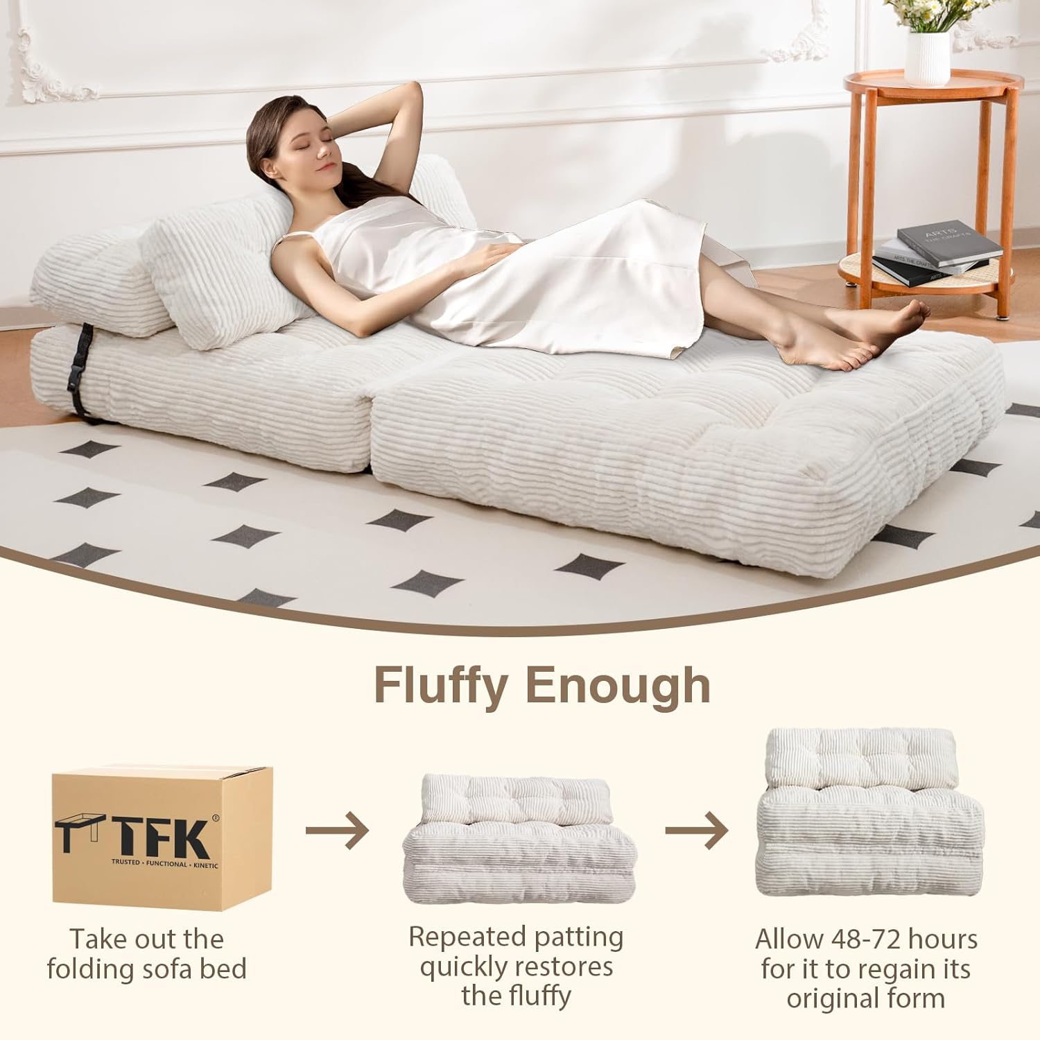 HYRORA Corduroy Folding Sofa Bed Convertible Sleeper Chair with Pillow Foldable Mattress with Back Support Single Double Size Bed Comfy Floor  cloud couches for living room Bedroom