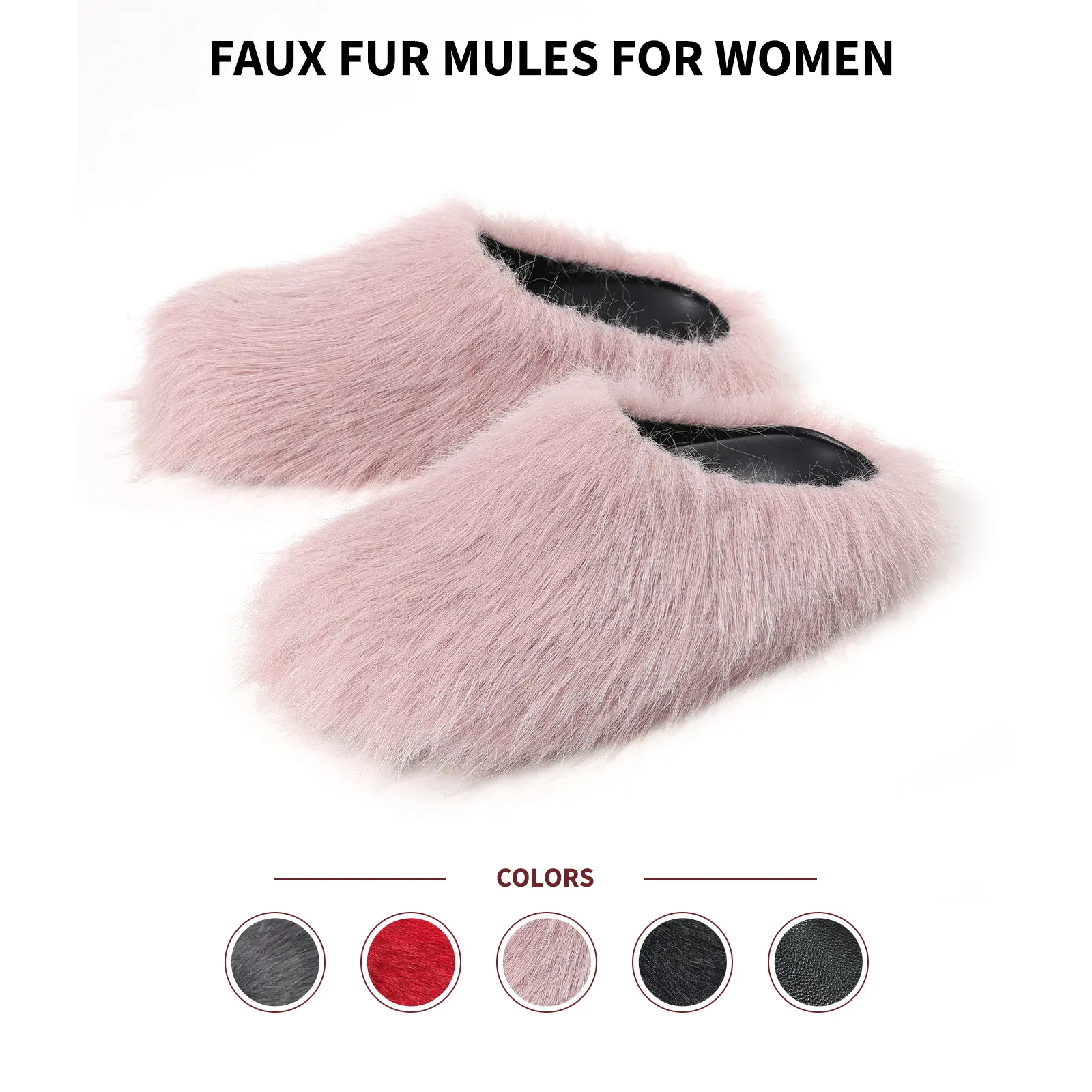 Women Faux Fur Mules Round Toe Flat Heel Slip On Fuzzy Furry Soft Plush Warm Lightweight Comfy Stylish Daily Home Wear Casual Shoes House Relaxing Self Care Morning Evening Routine Coffee Time Indoor Birthday Gift Vacation Cute Slides Slippers Summerwins