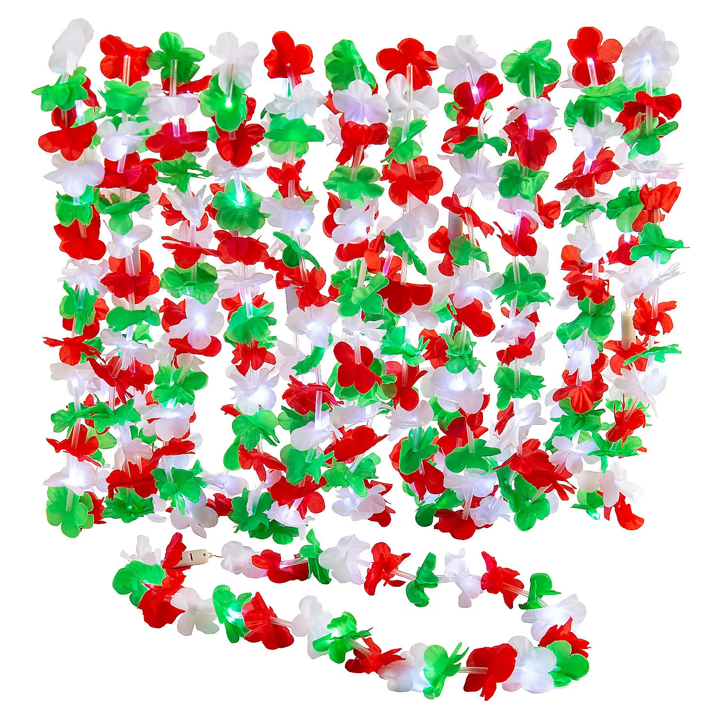 40in 12-Pc Plastic LED Lighted Christmas Polyester Leis - Festive Party Decor, Cute Festive Decorations, Holiday Gift (Batteries-Powered, Flashing Red Green White Accents, Hand Decoration for All Ages), Multicolor