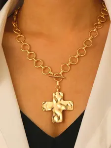 A vintage, simple, exaggerated, fashionable metal geometric round hammered cross pendant necklace with OT clasp and thick chain, suitable for women's daily wear, a jewelry gift of vintage chain pendant, Vintage Charm Necklace, Modern Fashion Accessories