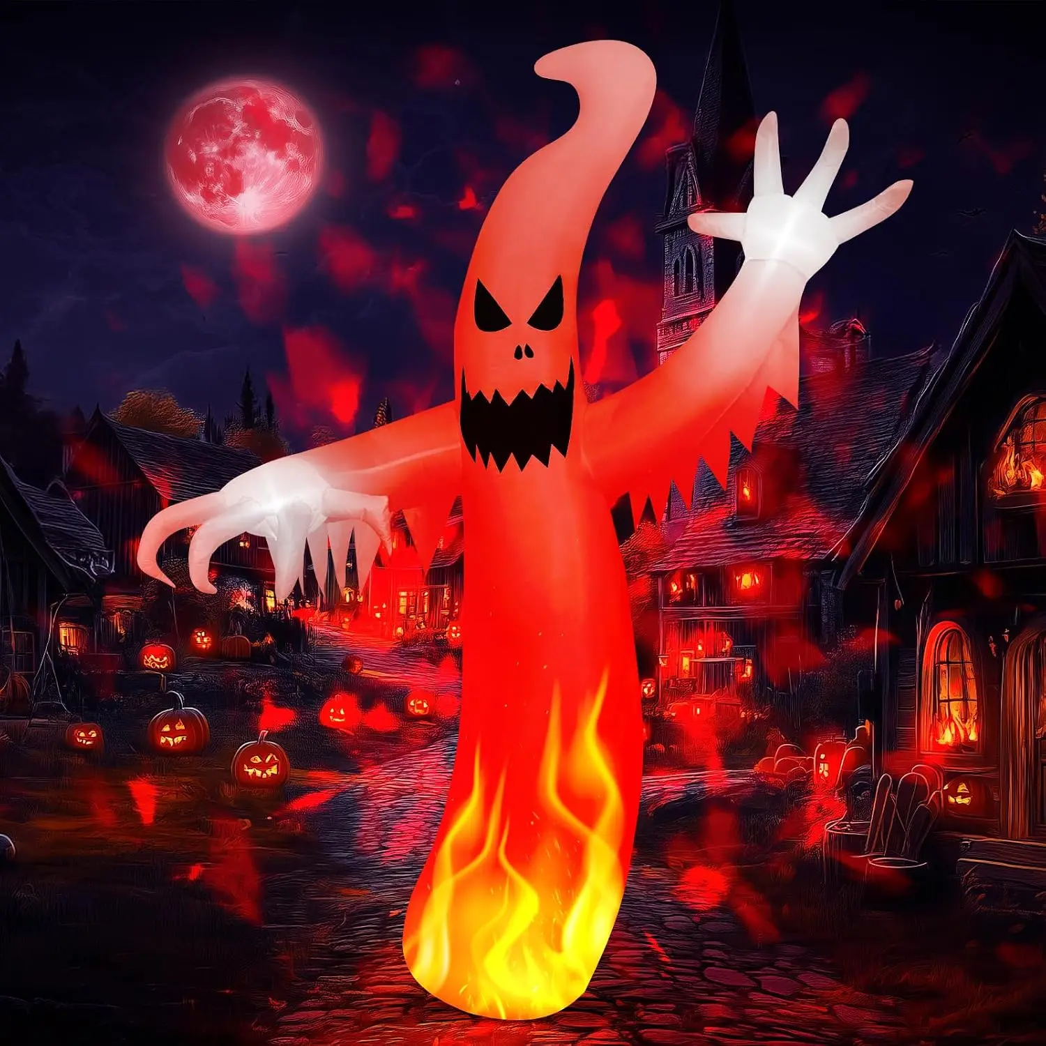 8 FT Halloween Inflatable Ghost Decorations, Blow Up Spooky Ghost with Built-In LED Red Disco Light, Outdoor Yard Decor for Lawn, Garden, Halloween Party and Holiday