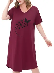 Women's Plus Size Long Nightgown, V-Neck Short Sleeve, Soft Red Pattern Sleepwear, All Season Indoor Home Loungewear