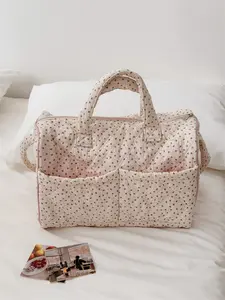Floral tote bag with pink lining, padded large capacity weekender bag with double handles, cute and beautiful travel storage tote bag for women