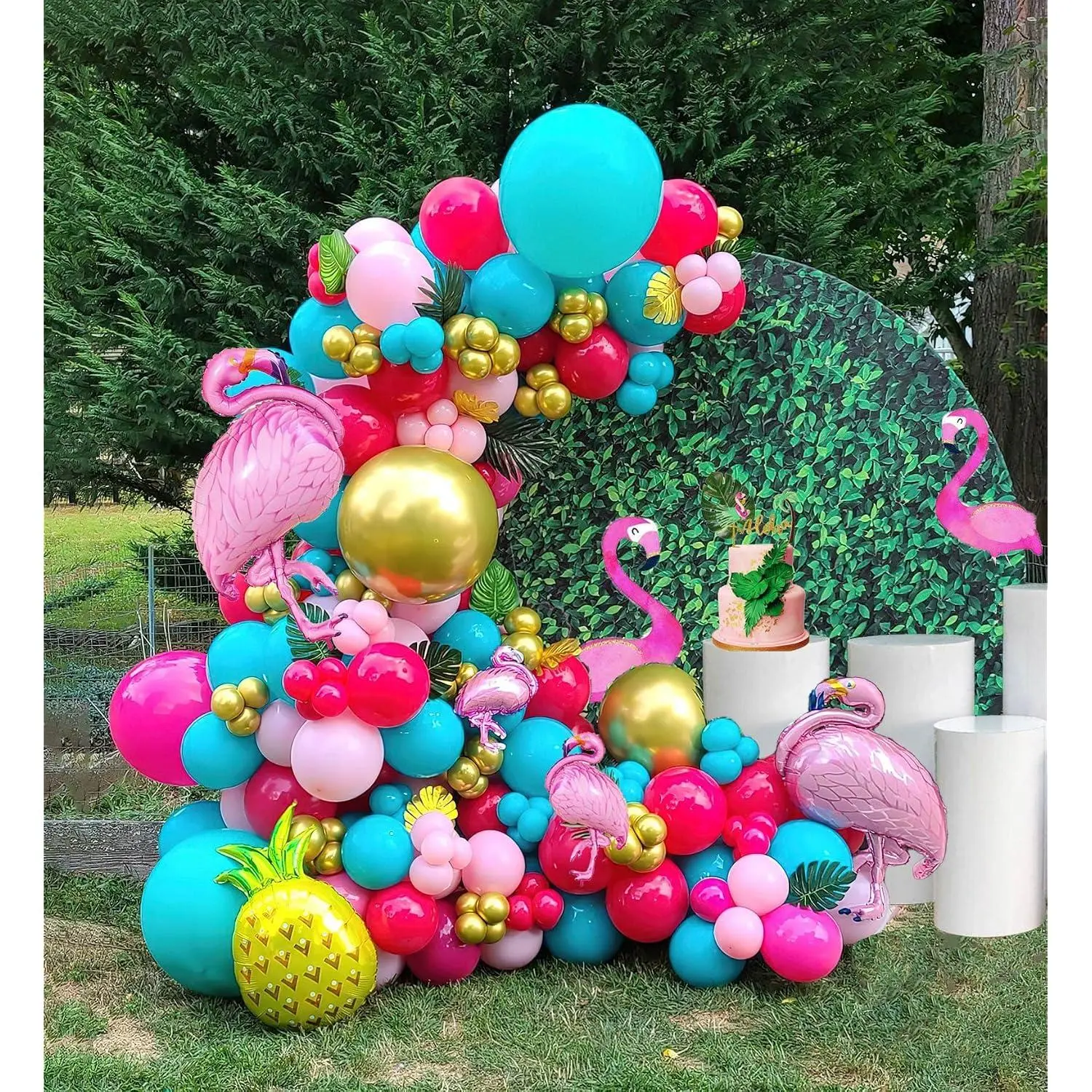 Tropical Flamingo Balloons Garland Arch Kit 145Pcs Hot Pink Magenta Teal Pinkballoons Mylar Pineapple Balloons Palm Leaves For Summer Aloha Luau Hawaiian Birthday Decorations
