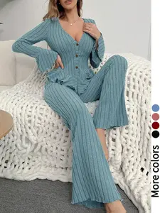 Autumn/Winter Ruffled Pajama Set with Ruffled Edges, Casual Loungewear Set, Nightwear, Homewear, Button-Down Closure, Flared Pants, Flared Sleeves, Long Sleeve, Ruffled Trim, V-Neck, Elastic Waistband