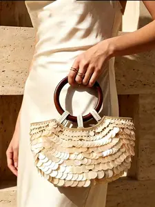 Simple and exquisite shell woven handbag, niche design wooden ring handle sequined stitching handbag, personality  versatile daily  suitable for banquet  party dresses, fashionable evening bag, exquisite with atmosphere handbag