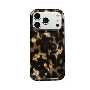 Retro Black Brown Tortoiseshell Foil Texture Case for iPhone 14 15 16 Pro Max 17 Full Coverage IMD Shockproof Phone Cover for Women