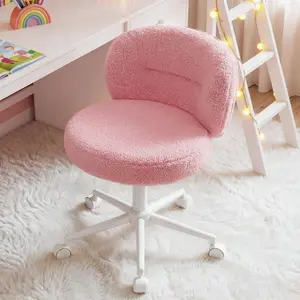 Raybee Small Round Vanity Chair with Wheels, Armless Home Office Desk Chairs with Back, Height Adjustable & 360° Swivel, Cute Comfy Vanity Computer Chair for Bedroom, Home Office, White