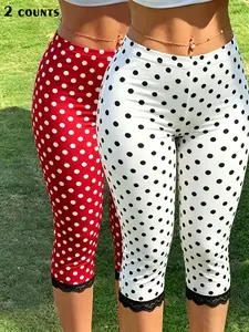 Women's 2-Pack Polka Dot Lace Trim Capri Pants, High-Waisted Slim Fit Fitted, Summer Casual, /, Comfortable & Breathable, Versatile Style