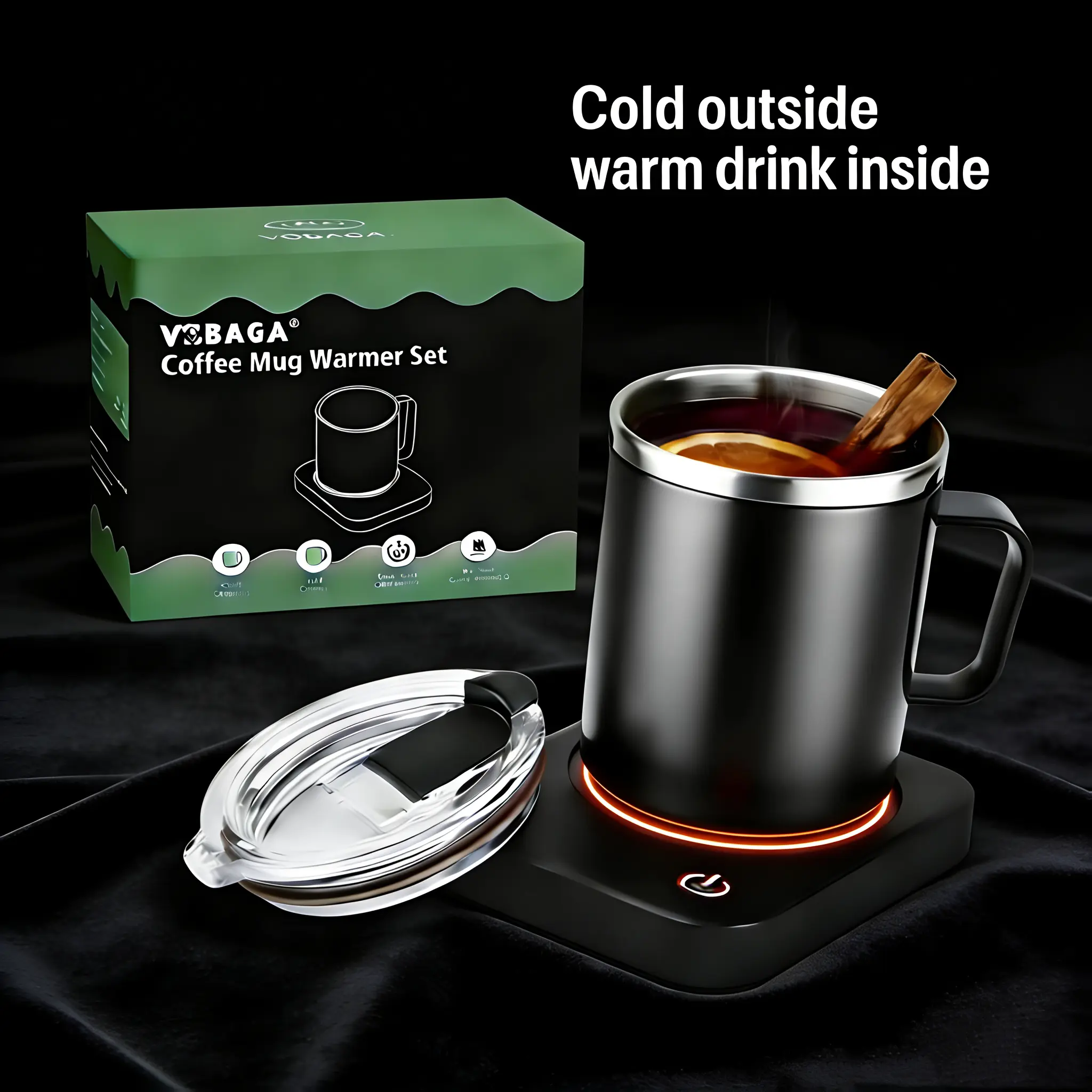 VOBAGA Coffee Mug Warmer Set with 15oz Stainless Steel Mug Warm Cup 3 Temperature Settings 4-Hour Auto Shut-Off Smart Safety Protection Portable Gift-Ready for Coffee Tea Milk Candle Warmer,VOBAGA Heated Coaster & Mug Set – Keep Your Drinks Warm Anytime