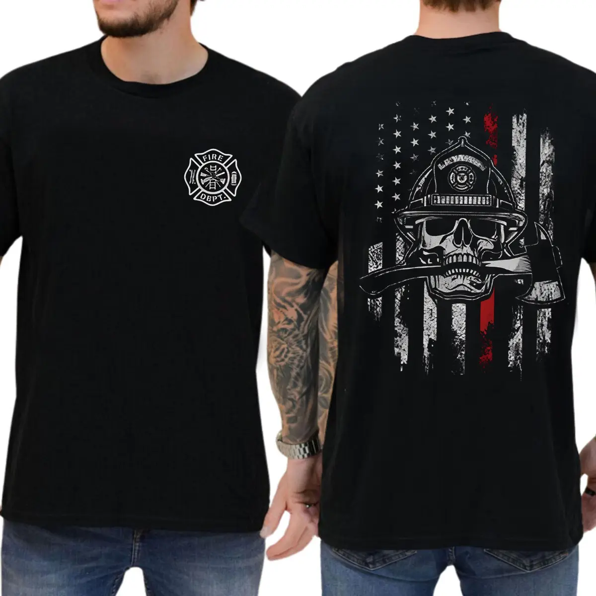 [100% Cotton] Firefighter American Flag T-Shirt, Patriotic Firefighter Back Print Graphic Tee, Vintage Distressed Fire Department Shirt, Skull First Responder Short Sleeve Tshirt, USA Fire Rescue Outfit, Gift For Firefighter Men Women.