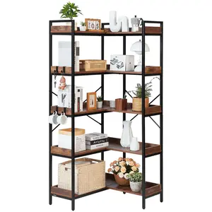 VEVOR 5 Tier Corner Bookshelf with 4 Hooks, 65.4" Tall Corner Bookcase with Heavy Duty Metal Frame & Wooden Shelves, Industrial L Shaped Corner Display Shelf for Bedroom, Living Room, Office