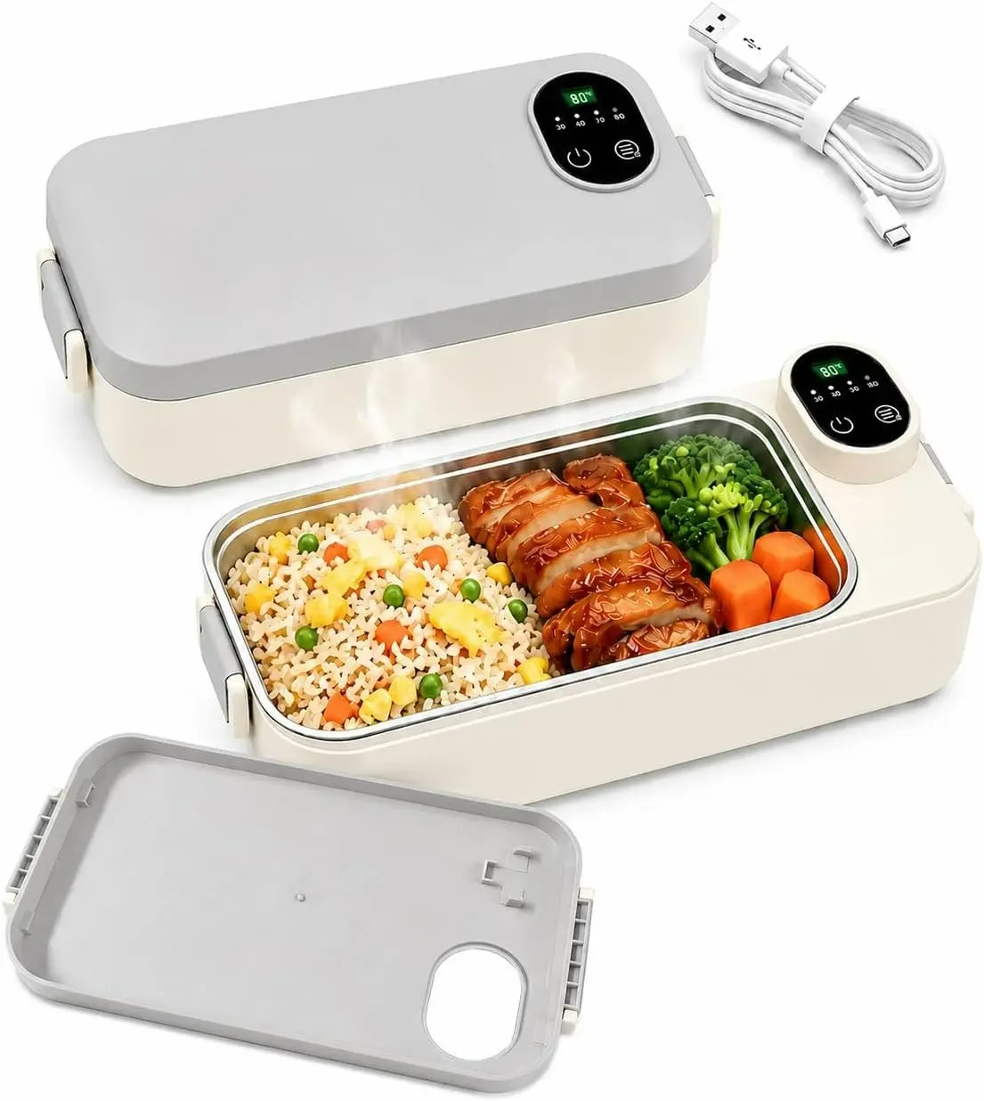 Upgraded Rechargeable Heated Lunchbox - Portable Timer-Controlled Reheating Insulated Bento Container for Adults, Kitchenware Cutlery & Tableware Accessory with Insulated Bag
