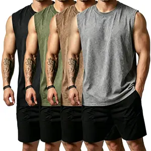 Men’s 4-pack vintage washed sleeveless tank tops, made from pure cotton with a relaxed fit; casual crew-neck athletic tanks suitable for the gym, fitness training, shaping workouts, and streetwear; summer vibe styling.