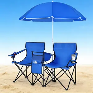 Double Portable Picnic Chairs, Folding Camping Chairs w/Detachable Umbrella, Cooler Bag, Cup Holders, Patio Beach Camping Chairs for Outdoors-Back to School#tiktokshopstockup  #mothersdaygift