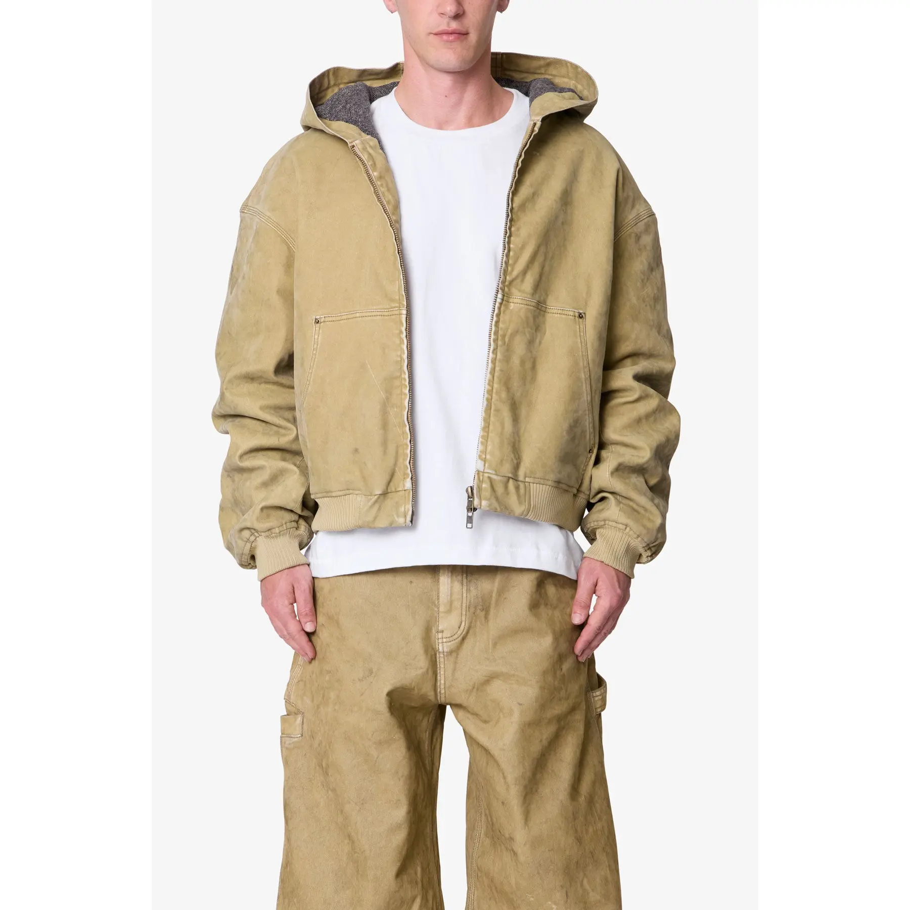 mnml Flocked Hooded Zip Up Work Jacket - Tan mnml Flocked Hooded Zip Up Work Jacket - Tan