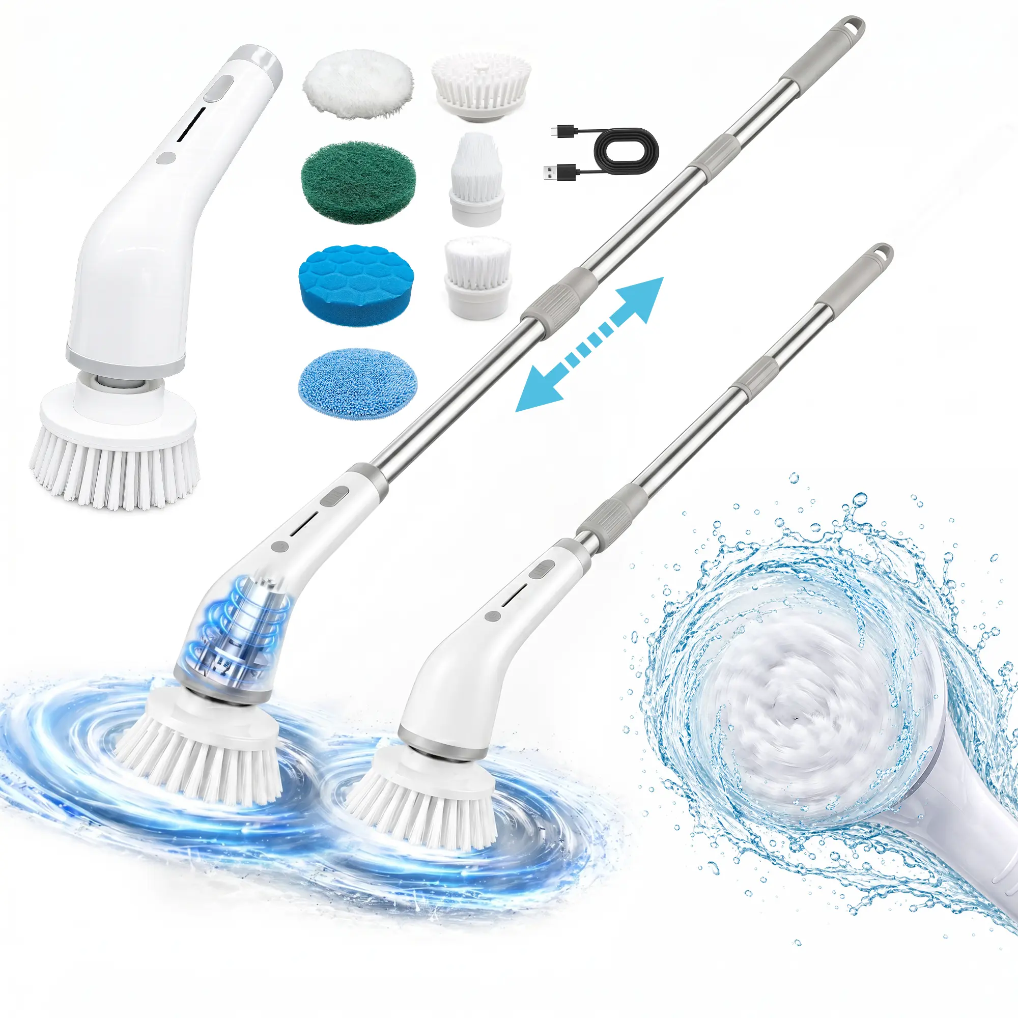 Cordless Electric Spin Scrubber Kit with 7 Head Swap Clean Brushes, 3-Level Adjustable Extendable Rod, Dual-Speed Modes, IPX7 Waterproof, LED Light, USB-C Fast Charging, Plastic Body for Multi-Surface Bathroom, Kitchen, Car Wheel Scrubbing