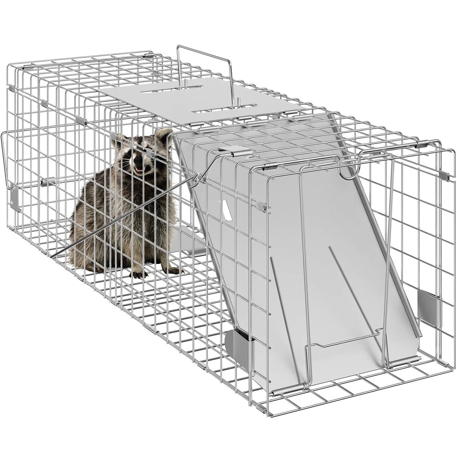 Live Animal Cage Trap, 24" x 8" x 8" Humane Cat Trap Galvanized Iron, Folding Animal Trap with Handle for Rabbits, Stray Cats, Squirrels, Raccoons, Groundhogs and Opossums