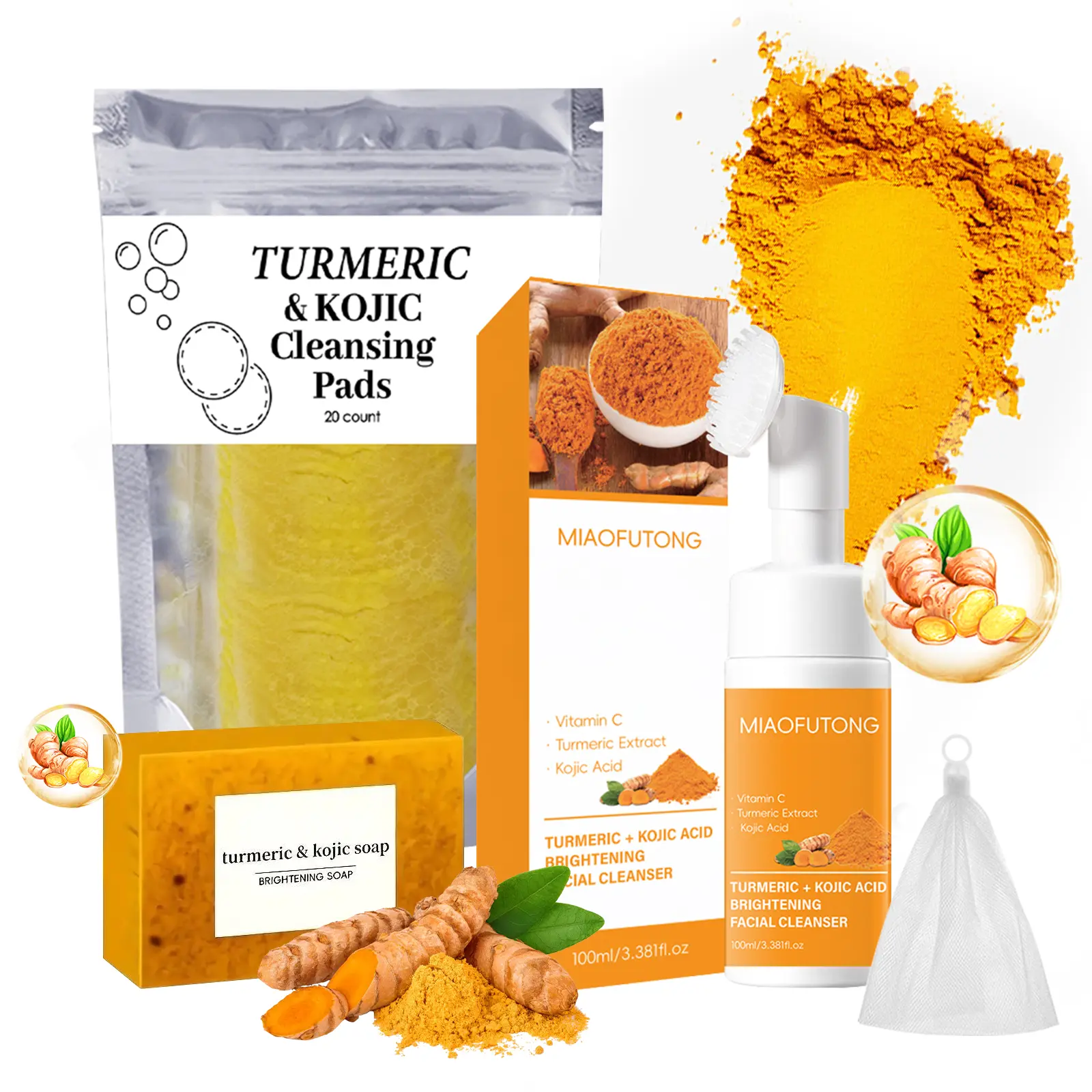Turmeric Face & Body Cleansing Three Piece Set, Gentle Turmeric Cleansing Soap, Facial Wash and Exfoliating Pads, Long-Lasting Nourishment Deep Cleansing Skincare Kit for Men Women