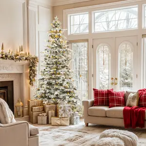 【Super Deal】YITAHOME Pre-Lit Mountain Pine Flocked Artificial Christmas Tree, 7.5/9FT Pre-Decorated Pine Hierarchical Tower Flocked Christmas Tree, 1278 Branch Tips, 550 Lights, 55 Pine Cones for Party Home Deco