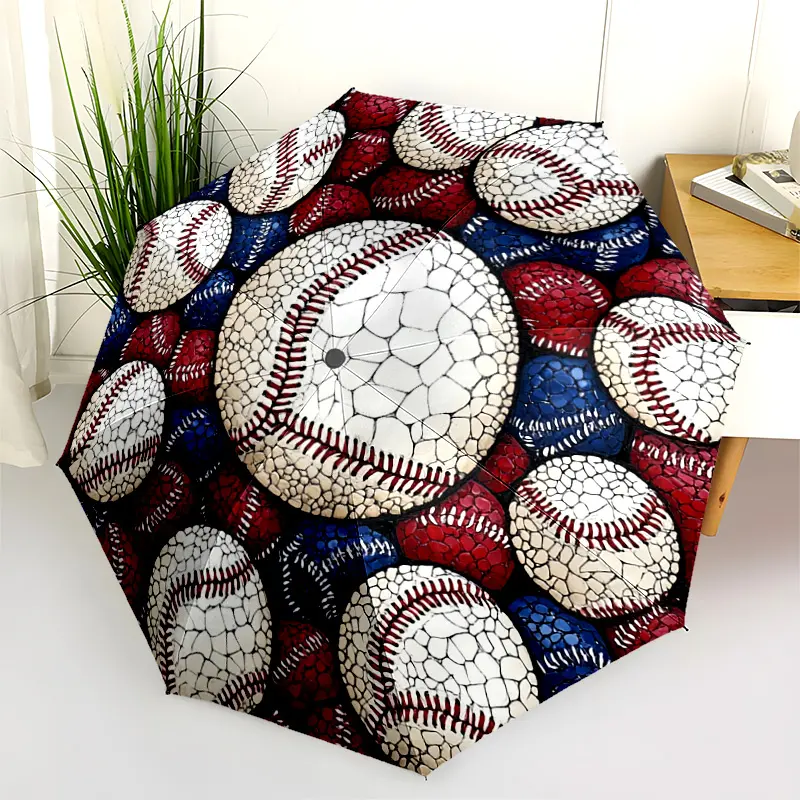1 PC Automatic Folding Umbrella - Baseball Pattern Circle Design Pattern, Portable & Foldable Design with 8 Ribs, Merry Christmas Pattern,Casual Outdoor Accessory Halloween and Christmas Birthday Gifts. E0050