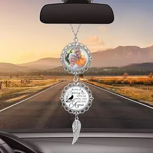 Custom Car Rearview Mirror Ornament, Personalized Photo Angel Charm Gift, Memorial Bereavement Sympathy Keepsake for Loss of Loved Ones