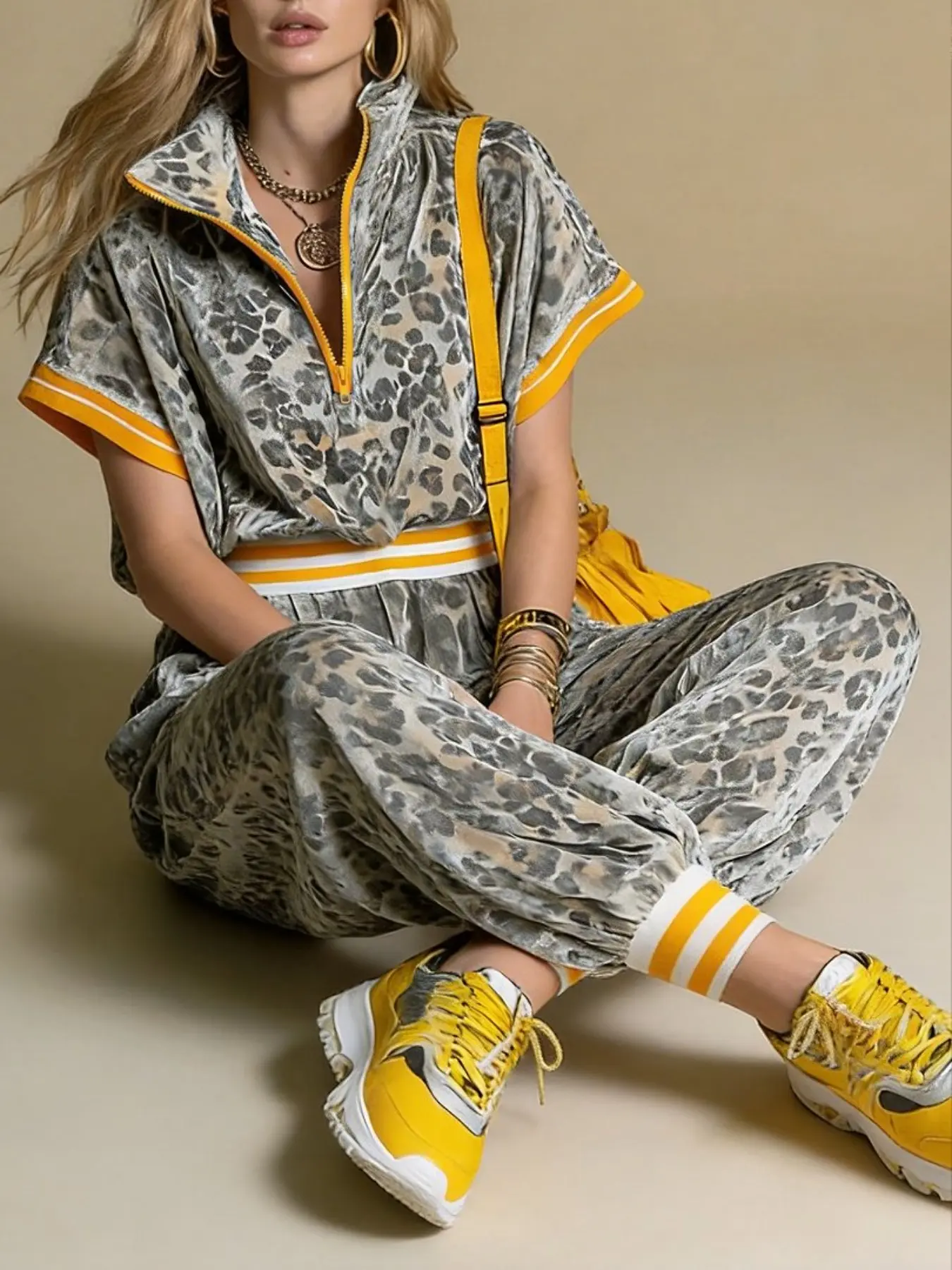 Leopard Print Casual Women's Short Sleeve Long Pants Set, Loose Fit Street Style, Perfect for Everyday Wear, Fashion, Womenswear