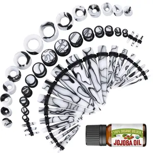 48pc Ear Stretching Kit - 14g-00g Beginner Gauges Aftercare Jojoba Oil Multicolor Marble Plugs Tapers Silicone Tunnels Lightweight Expanders Men Women