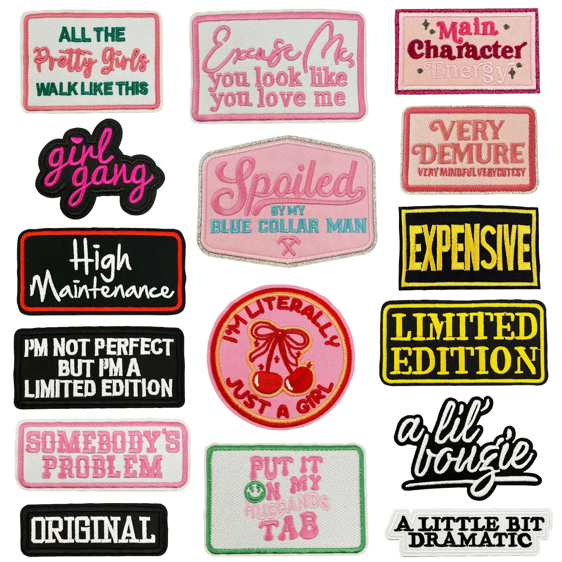 16pcs Black Polyester Embroidery Iron-On Patch Set - Text Patches, Custom Sewing Accessories for Trucker Hats, Clothes, Embroidery Patches
