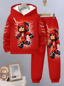 Minecraft Pixel Style Kids' Lightning Character Hoodie Sweatshirts Set, Casual Fitted Jogger Pants, Trendy Game Look, Fall & Winter Fashion, Clothing Set