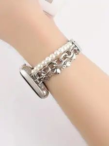 Pearl Strand Bracelet Watch Band Compatible with Apple Watch 38-49mm, Elegant Cuban Chain Design, Perfect Fit for Smartwatches