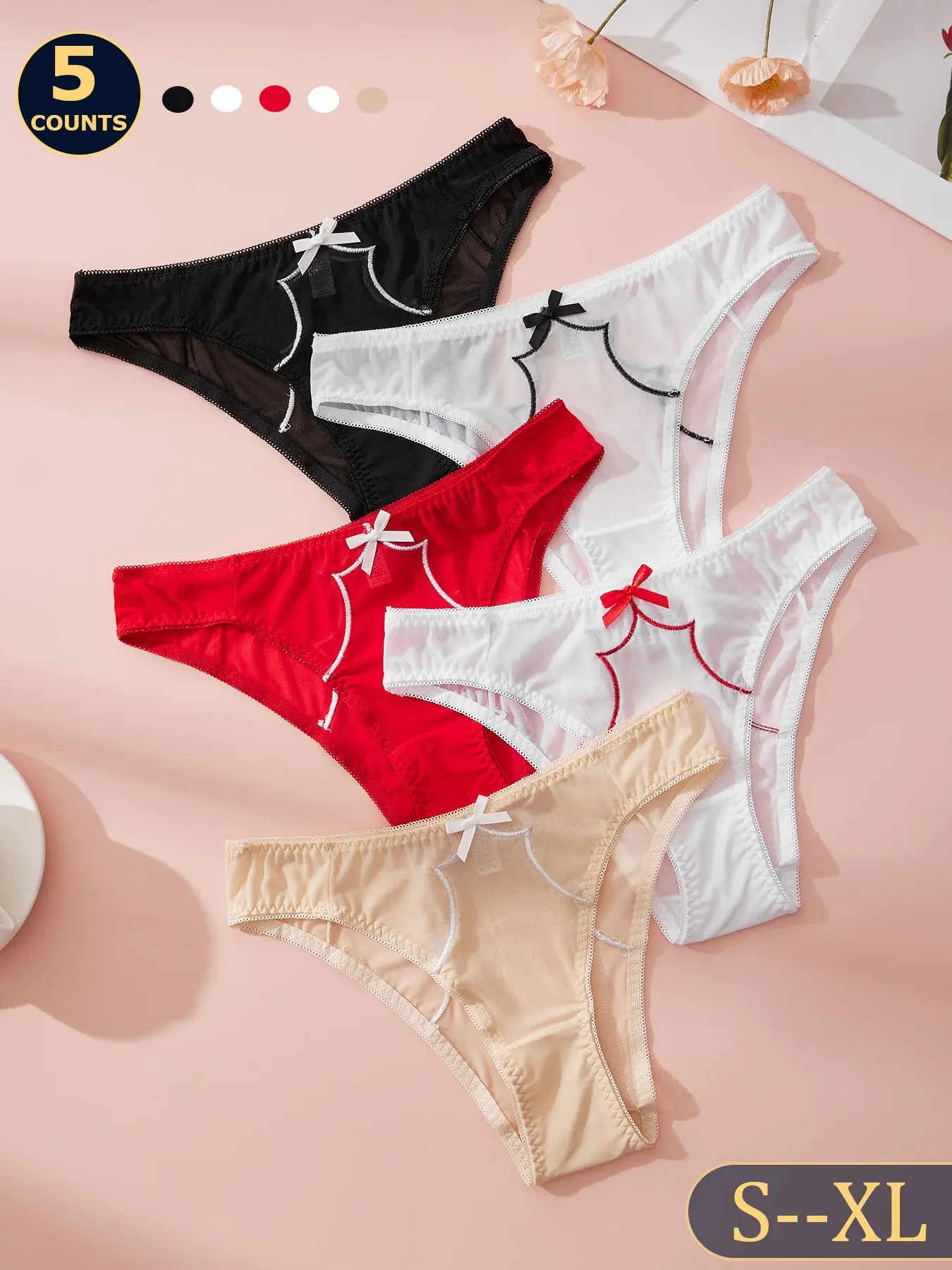 Women's Cute Bow Transparent Intimates Panties, 5 Colors, Soft Breathable Mesh, High Elasticity Contrast Design, Daily Wear & Date Night Underwear, Fit, Comfy Breathable Panty, Fashion Breathable Underwear
