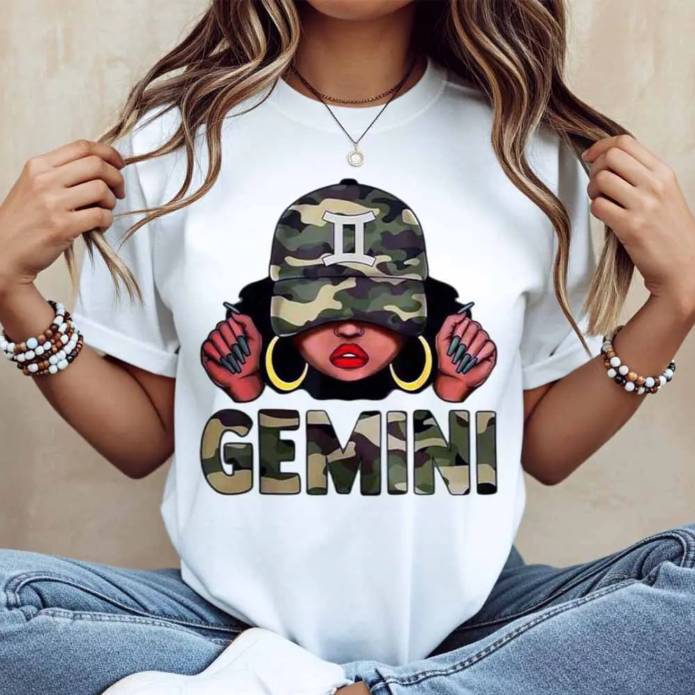 Gemini Zodiac Sign With Camo Hat And Gold Hoops Print T Shirt White Casual Loose Fit For Everyday Wear And Sports Activities