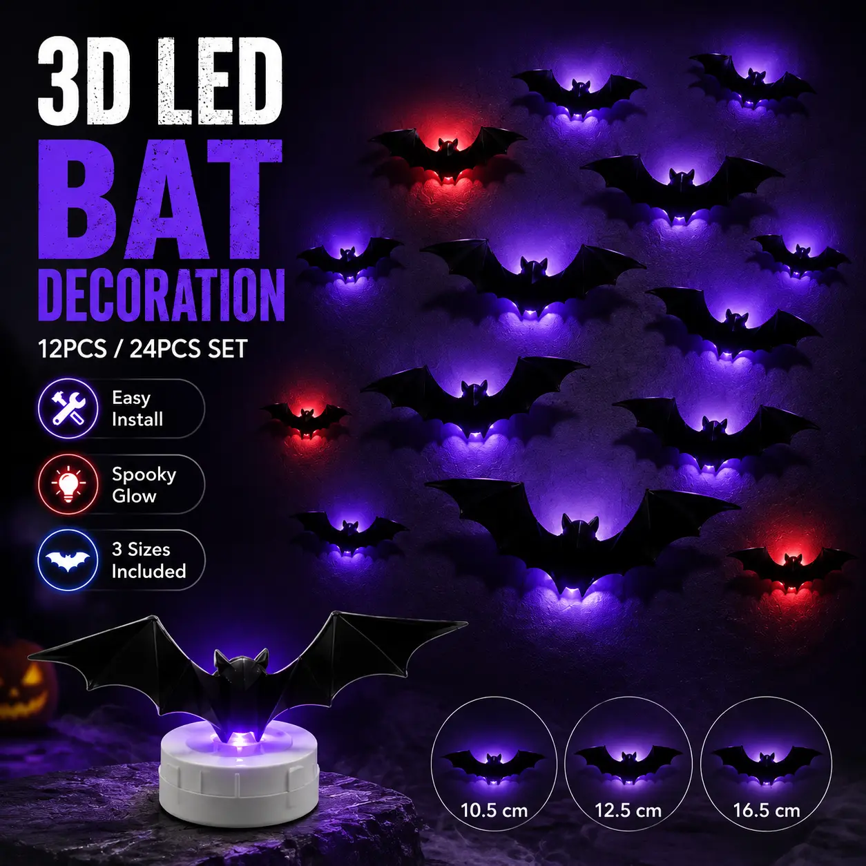 3D LED Bat Decorations 12/24/36/48/60PCS Set - Halloween Spooky Glow Wall Lights, 3 Sizes, Easy Stick on for Party Home Decor
