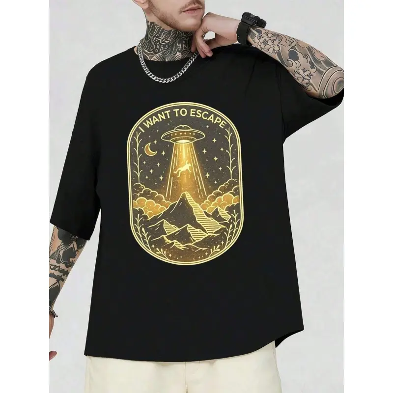 Men's Graphic Menswear Round Neck Pullover Sweater - Casual Streetwear Tops with UFO Alien Design, Loose Fit, Ribbed Cotton Blend Fabric