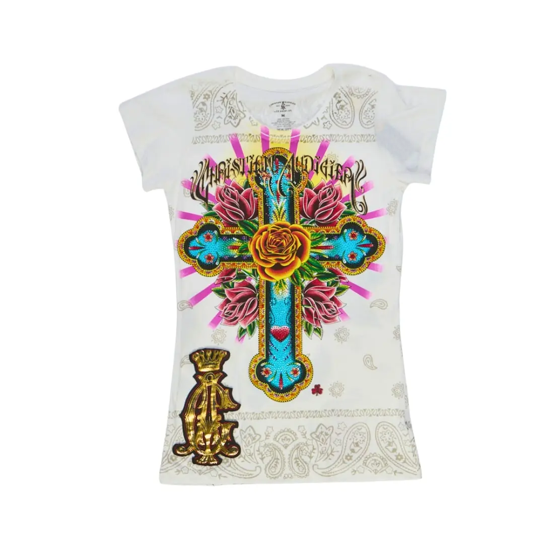 Christian Audigier Cross & Rose Tee - Y2K Graphic Tshirt with Rhinestone & Metallic Details - 100% Cotton Short Sleeve Crew Neck Summer Top for Womenswear