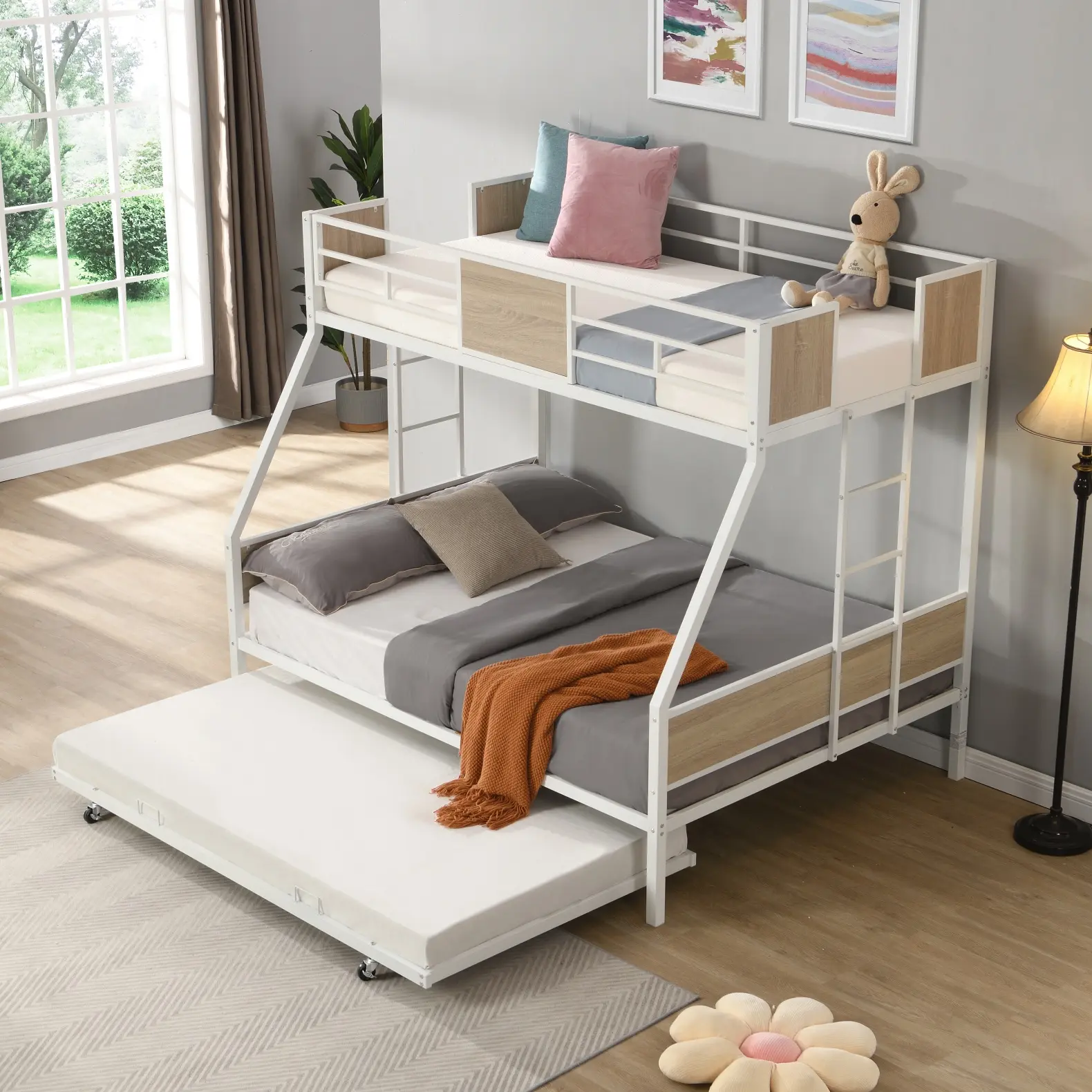 Twin Over Full Triple Bunk Frame with Twin-Size Trundle, Heavy-Duty Metal Construction, Safety Rails, 2 Side Ladders, Space-Saving for 3, No Box Spring Needed